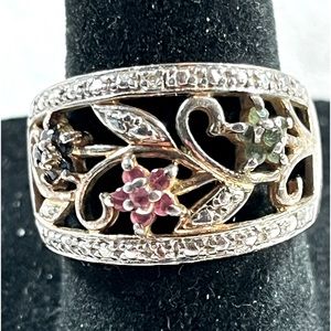 Sterling Silver Ring Gemstone Flowers size 8 Gold Over 925 Ruby Emerald Sapphire